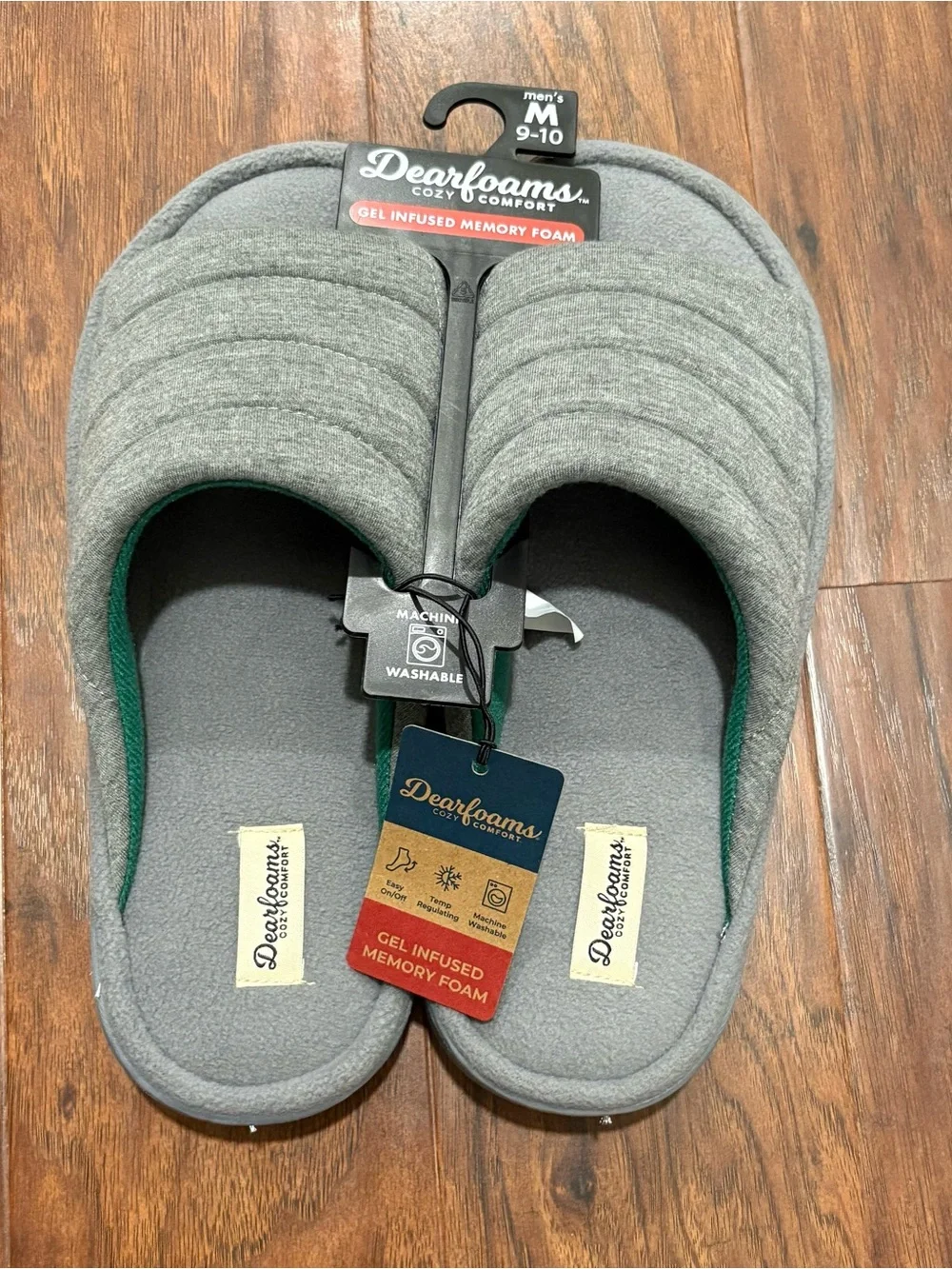 dearfoams Men’s Gray Quilted Gel-Infused Memory Foam Slippers